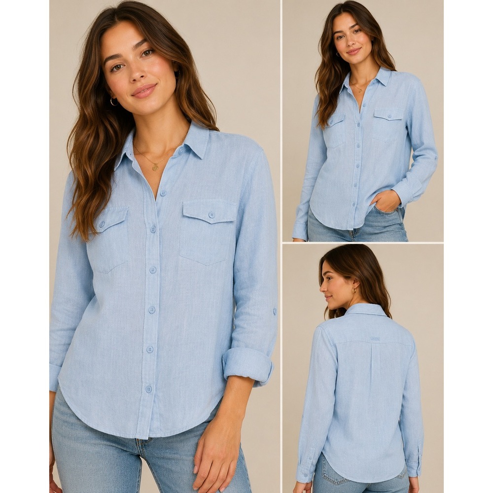 Juicy Couture Black Label Washed Linen Shirt Blue Chill Long Sleeve Small NEW